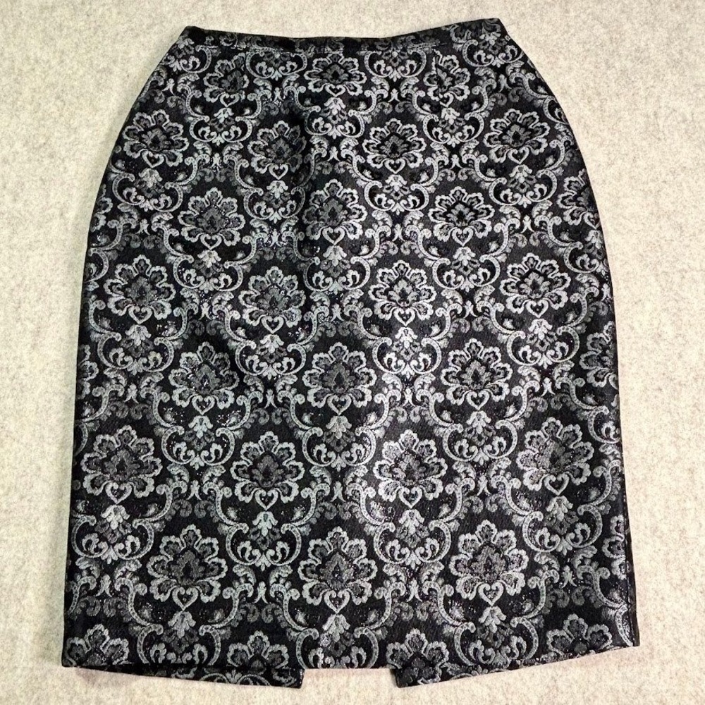 Ron Leal Skirt Womens 6 Silver Black Wool Silk Brocade Damask Pencil Chic Luxury